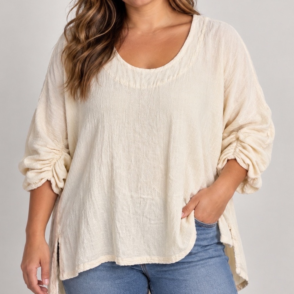 Oh My Gauze Size 1 Cream Cotton Gauze Tunic Top Oversize Lagenlook Ruched Sleeve